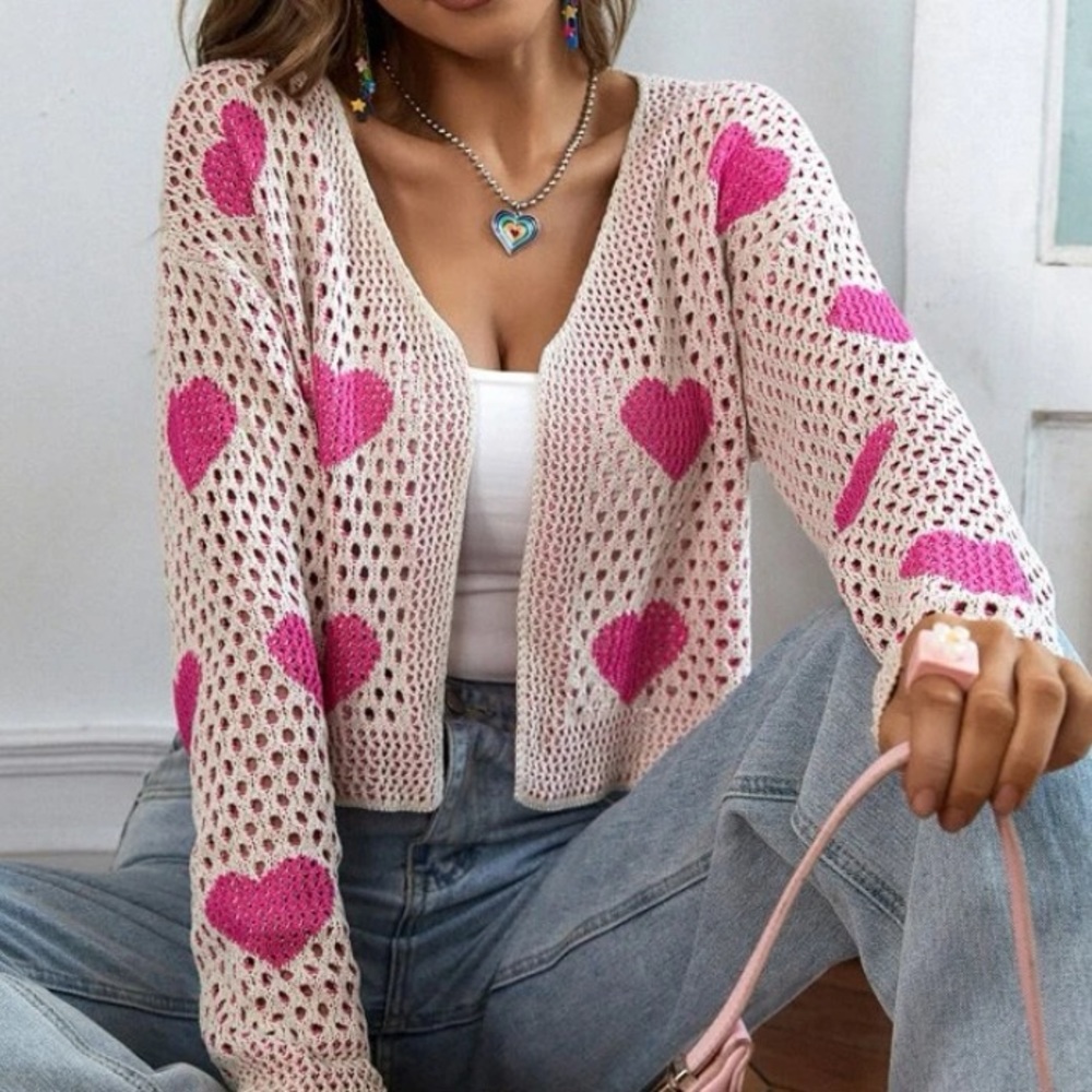 Delilah Wear Crochet Heart Cardigan - Cream & Hot Pink - Picture 7 of 7